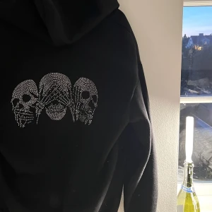 Rhinestone hoodie - Svart zip hoodie med luva och döskallar i rhinestones där fram och bak. Köpt i secondhand butik och utan lapp så jag vet inte märket. Inga diamanter/stenar saknas! Storlek S men rätt oversize! Passar både killar och tjejer. 