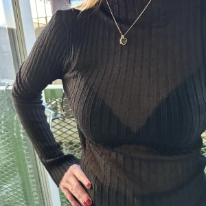 Svart ribbad tröja - Svart, ribbad, genomskinlig långärmad tröja. Nyskick och är från hm. Nypris 299kr. Säljer för 229kr därav skicket men ingen prislapp