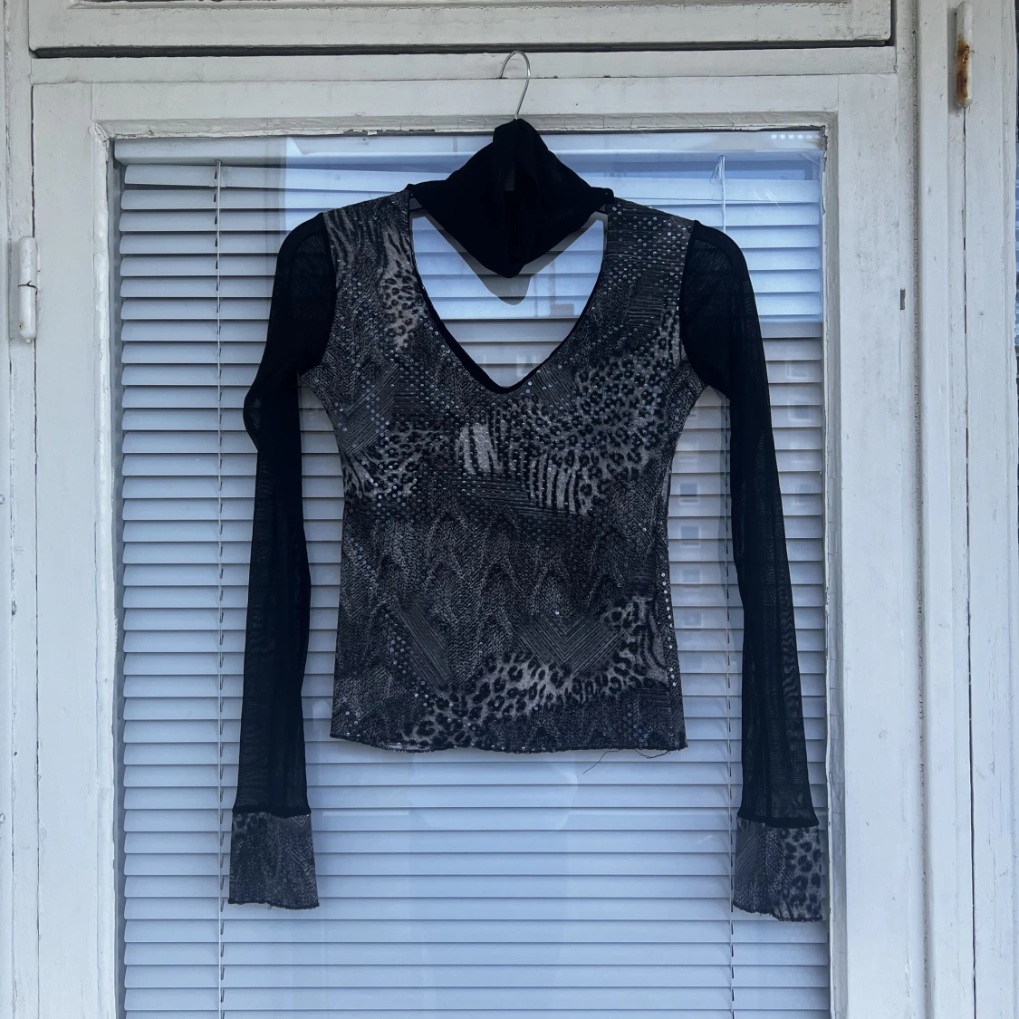 Vintage meshtopp top spets djurmotiv turtleneck polotröja