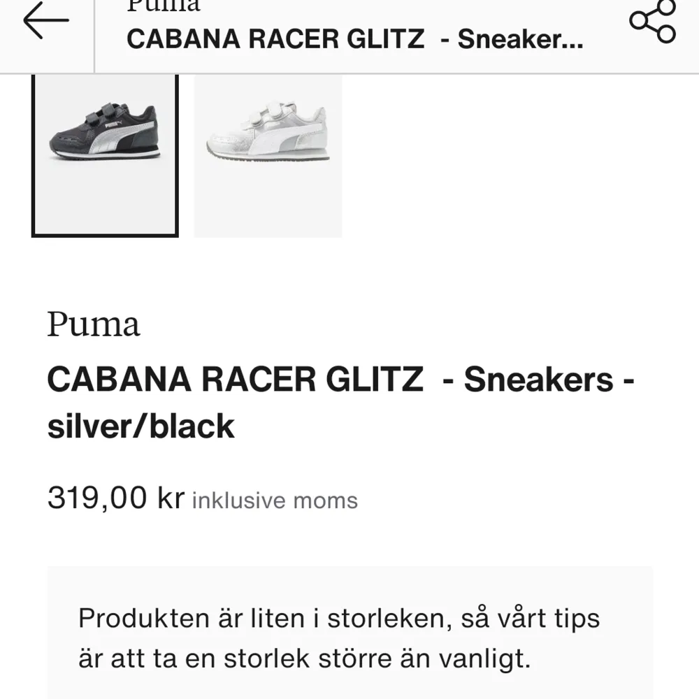 Helt nya puma barnskor , säljes då de inte passade.  Storlek 27 , svarta med glitter .köptes flr över 300 säljes för 200. Skor.