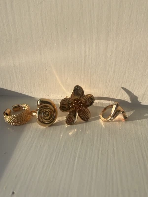 Fyra guldiga ringar i olika former - Säljer ett set med fyra guldiga ringar i olika designer. En ring har nätmönster, en har spiralform, en är formad som en stor blomma och en har en enkel, böjd design. Perfekta för att mixa och matcha för en unik look.