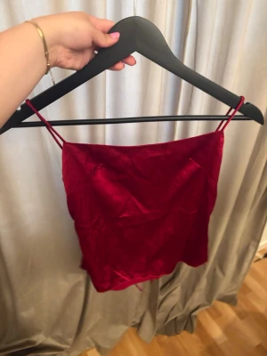 Röd satin linnetopp med snörning - Trendig röd linnetopp i satin med tunna axelband och snygg snörning i ryggen. Toppen har en croppad passform och glansigt material som ger en lyxig känsla. Perfekt att styla med jeans eller kjol för en cool look.