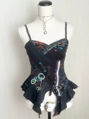 Vintage juju christine patchwork top - Insane french vintage early 2000s fairy grunge deconstructed steampunk corset style top featuring mismatched layered patterns, pleated layered hem. Zips at the side. Looks insane on! 