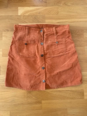 Rostfärgad manchesterkjol med knappar i storlek L - Snygg kort kjol i rostfärgad manchester med raka linjer och knappar framtill av märket Authentic Style i storlek L. Kjolen har två stora fickor fram och hällor för bälte. Perfekt för dig som gillar retrostil och vill sticka ut lite extra. 