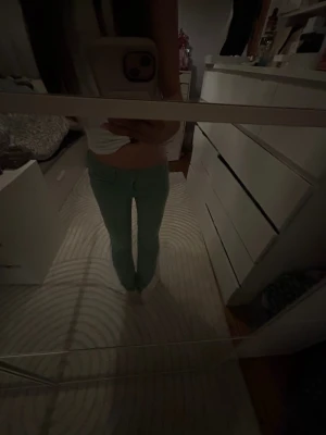 Fina Lågmidjade gröna jeans - Snygga gröna byxor med flared passfrom och låg midja. Perfekta för dig som vill ha en chill och trendig look. Byxorna har klassisk design utan synliga detaljer och passar till många olika stilar.