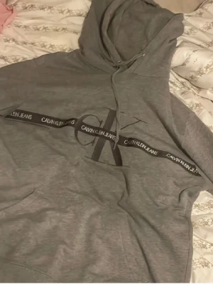 Grå hoodie från Calvin Klein Jeans - Snygg grå hoodie från Calvin Klein Jeans med stor CK-logga och svart band med text över bröstet. Klassisk huva med dragsko och känguruficka framtill. Tillverkad i mjukt material, perfekt för chill dagar. Broderad CK-detalj på ärmen.