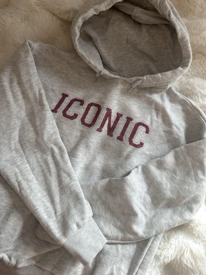 Iconic hoodie! - Säljer en ljusgrå hoodie från Gina Tricot med texten 'ICONIC' i vinrött framtill. Hoodien har huva med dragsko, ribbade muddar och mjukt, borstat innerfoder. Perfekt för en chill och avslappnad stil.obs! Djur i hemmet! 