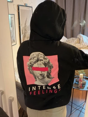 Svart hoodie med konsttryck och text baktill - Svart hoodie med stor huva och tryck på ryggen. Trycket föreställer en klassisk staty i gråskala mot en rosa bakgrund, med texten 'INTENSE FEELINGS' i vitt och rosa. Hel svart hoodie med tryck baktill. Strl 36