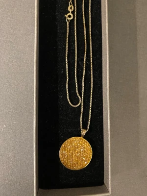 Caroline svedbom  - Snyggt halsband i guld med en rund, glittrande berlock fylld med små guldfärgade pärlor. Kedjan är tunn och elegant med klassiskt lås. Perfekt för dig som vill ha något som sticker ut och ger extra bling till din outfit.