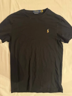 Svart t-shirt från Polo Ralph Lauren - En klassisk svart t-shirt från Polo Ralph Lauren med det ikoniska broderade logotypen på bröstet. T-shirten har rund hals och korta ärmar, perfekt för en stilren och enkel look. Materialet är mjuk bomull som känns skönt mot huden.