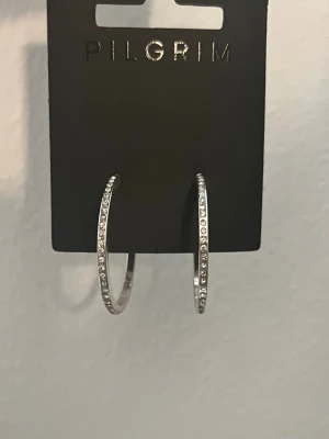 Silvriga Hoop örhängen  - Fina oanvända silvriga hoops med diamanter i från Pilgrim. Nypris är 300kr. De kommer även med en smyckespåse som har lite deffekter. Pris kan diskuteras!🩷