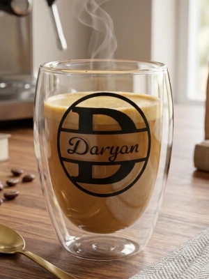 Personliga kaffeglas med tryck. Finns flera namn - En genomskinlig dubbelväggiga kaffeglas med tryckta namn och initialer, namn kan väljas via DM'. Glasen har modern design och är perfekta för varma drycker. Tillverkade i tåligt glas med svart tryck.Passar som födelsedagspresent eller till studenten. Snabb leverans och bra kvalitet 👍