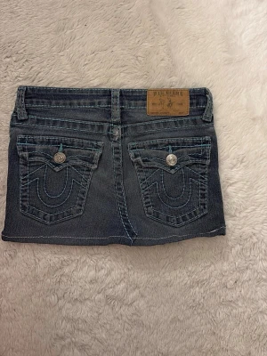 Lågmidjad True Religion Kjol - Super snygg lågmidjad mini kjol med blåa detaljer. Passar storlek XS