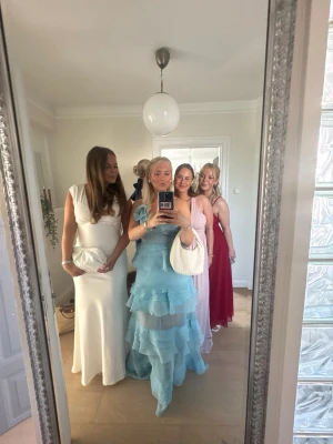 Ljusblå volangklänning med axelband - Säljer en ljusblå långklänning med tunna axelband och flera lager volanger. Klänningen har en romantisk och luftig känsla, perfekt för sommarens speciella tillfällen. Materialet är troligtvis polyester och modellen är figurnära upptill med lösare fall nedtill.