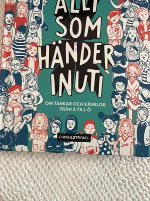 Allt som händer inuti - En färgstark bok med illustrationer och text om tankar och känslor från A till Ö. Omslaget är turkost med tecknade figurer i blått, rött och vitt. Perfekt för dig som vill förstå mer om känslor och psykisk hälsa. Utgiven av B. Wahlströms.