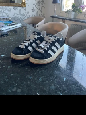 Svarta Adidas campus - Klassiska Adidas Superstar sneakers i svart mocka med vita läderdetaljer. Säljer dessa då dom inte kommer till användning 