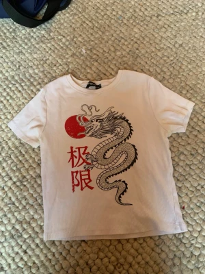 Vit ribbad t-shirt med draktryck - Vit ribbad t-shirt från FB Sister med ett stort svart och rött draktryck och japanska tecken på framsidan. T-shirten har korta ärmar och rund hals. Materialet är mjukt och stretchigt, perfekt för en cool och avslappnad stil.