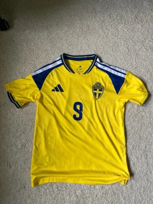 Svensk landslagströja Adidas nr 9 - Gul och blå svensk landslagströja från Adidas med nummer 9 och namnet ISAK på ryggen. Tröjan har korta ärmar, blå detaljer på axlar och ärmslut samt det svenska fotbollsförbundets märke på bröstet. Tillverkad i lätt och ventilerande material.
