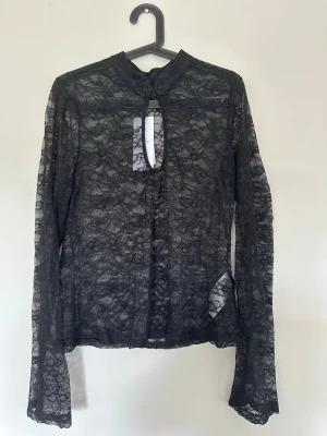 Svart spetsblus med lång ärm - Snygg svart blus i transparent spets med lång ärm och hög krage. Blusen har en dekorativ knäppning vid halsen och en öppning framtill som ger en cool detalj