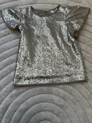 Glittrig silver topp med paljetter - Säljer en glittrig silver topp täckt med paljetter. Toppen har rund halsringning, korta ärmar och en knapp i nacken för enkel påklädning. 