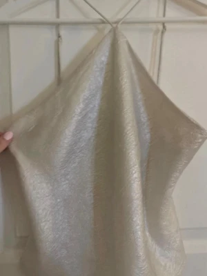 Snygg festtopp - Säljer en champagnefärgad axelbandslös topp i glansigt material. Toppen har en enkel, elegant form och är perfekt för dig som gillar stilrena plagg med lite extra shine. Materialet känns lent och har ett snyggt skimmer.