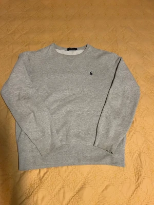 Grå sweatshirt från Polo Ralph Lauren - Klassisk grå sweatshirt från Polo Ralph Lauren med rund halsringning och diskret broderad logga på bröstet. Tröjan har ribbade muddar vid ärmslut och nederkant, perfekt för en avslappnad och stilren look.