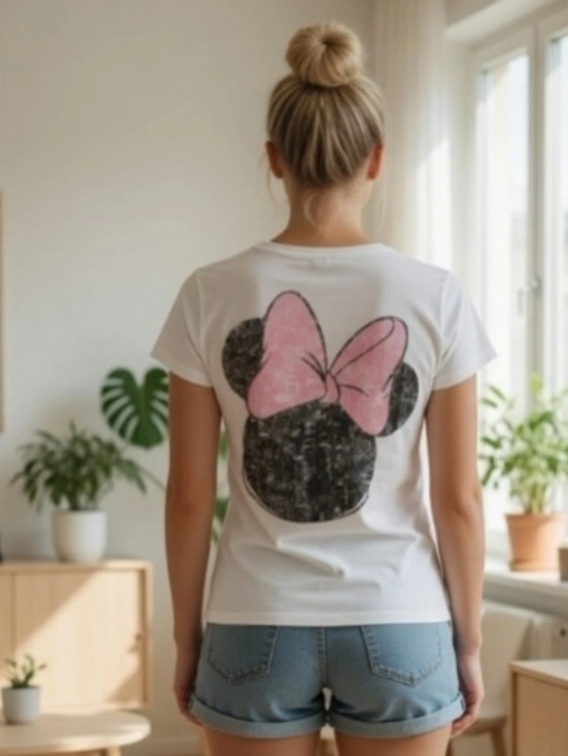Vit topp med medvetet slitet Minnie Mouse tryck. Strlk: 34, XS. Lite defekt. - 1