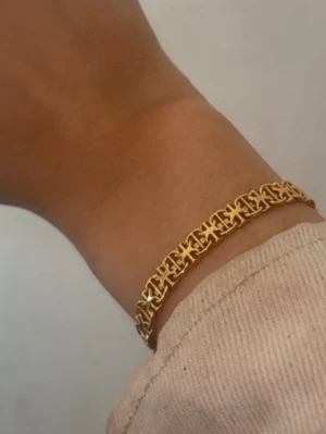 Guldpläterad xlänk armband i boxlänk - Snyggt xlänk armband som är guldpläterad, 18k. Armbandet köptes för runt 1400kr, och använts 2 gånger. Armbandet har en stilren och modern look med rektangulära länkar som ger en exklusiv känsla. Perfekt accessoar för att lyfta vilken outfit som helst.