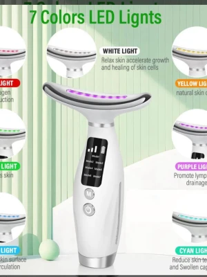 LED ljus ansikts- och halsmassager - Elektrisk ansikts- och halsmassager med 7 olika LED-ljusfärger. Vit och silver design med digital display och två knappar. Används för hudvård, lymfdränage och återfuktning. Perfekt för dig som vill boosta din hudrutin med teknik.
