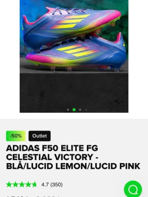 Adidas F50 Elite FG blå/gul/rosa - Säljer ett par Adidas F50 PRO FG fotbollsskor i färgerna blå, lucid lemon och lucid pink. Skorna har en strömlinjeformad design med klassiska tre ränder i gult på sidan, rosa detaljer och blå snörning. Ovandelen är tillverkad i ett lätt syntetmaterial för maximal fart på planen.