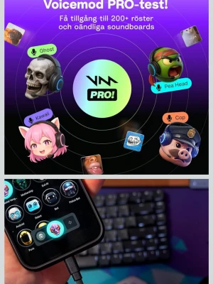 Voicemod Key med tillbehör och PRO-test - Voicemod Key med tillhörande gamepad-ljudkabel, lightning- och USB-C-kablar. Perfekt för att ändra röster och använda soundboards i spel och chatt. Inkluderar 1 månads Voicemod PRO-test med tillgång till 200+ röster och oändliga soundboards. Allt i svart och kompakt design.