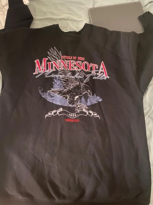  Minnesota sweatshirt  - Cool svart sweatshirt med stort tryck av en örn och texten 'Minnesota' i rött och vitt på bröstet. Tröjan har rund hals och långa ärmar. Perfekt för dig som gillar college-stil och streetwear.