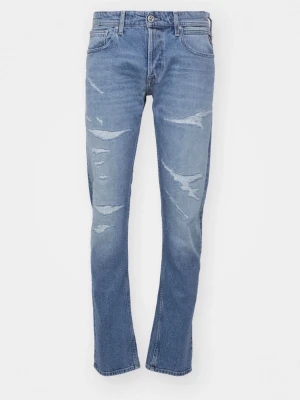 Ljusblå Replay Jeans 32x34 - Säljer ett par ljusblå jeans med raka ben och slitna detaljer på låren och knäna. Jeansen har klassisk femficksdesign och knappgylf. Perfekta för en avslappnad och trendig look.
