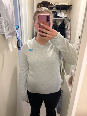 Ljusgrå V-ringad tröja från Hollister - Ljusgrå V-ringad tröja från Hollister med turkos logga på bröstet. Tröjan har långa ärmar och ribbstickade muddar vid hals, ärmslut och nederkant. Perfekt för lager-på-lager och enkel att matcha med olika outfits. Liten i storleken, L passar mig som vanligtvis har S eller M.