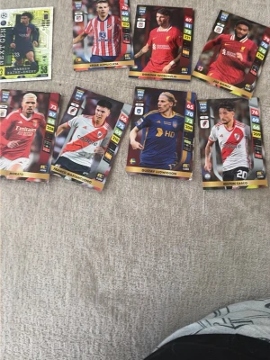 Fotbollssamlarkort med spelare - Säljer ett gäng fotbollssamlarkort med olika spelare från flera lag och ligor. Korten har färgglada designer, spelarbild, statistik och klubbmärke. Perfekt för dig som gillar att samla på fotbollskort eller vill byta med kompisar.