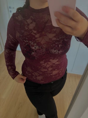 Vinröd spetsblus med lång ärm - Säljer en vinröd, transparent spetsblus med lång ärm och hög hals. Blusen har ett blommigt spetsmönster och sitter tight mot kroppen. Perfekt för dig som vill ha en trendig och elegant look.