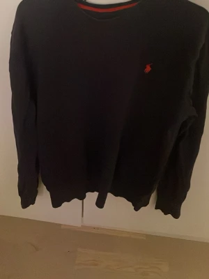 Svart tröja med röd logga - En stilren svart tröja med rund halsringning och en liten röd broderad logga på bröstet. Tröjan har långa ärmar och ribbade muddar vid ärmslut och nederkant. Perfekt till ett avslappnat men snyggt vardagslook.