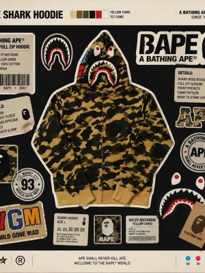 BAPE Shark Hoodie Yellow Camo - Säljer en ikonisk BAPE Shark Hoodie i yellow camo med hel dragkedja och huva med hajmotiv. Hoodien har framfickor, ribbade muddar och är tillverkad i 100% bomull. Perfekt för dig som vill sticka ut med streetwear-stil.