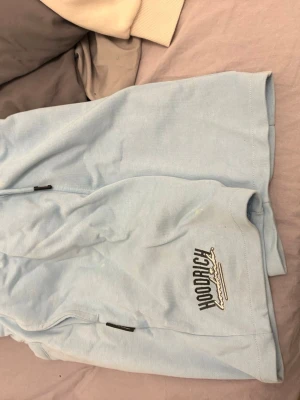 Ljusblå shorts från Hoodrich - Säljer ett par ljusblå shorts från Hoodrich med tryckt logga på benet. Shortsen har dragkedja i sidan och är tillverkade i mjuk bomull, perfekta för avslappnade dagar. Bilden blev lite crazy