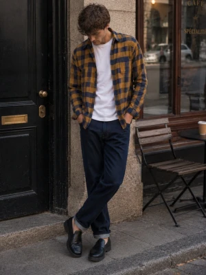 Rutig skjorta från Jack & Jones - Säljer en snygg rutig skjorta från Jack & Jones i marinblått och brunt. Skjortan har klassisk krage, långa ärmar och knappar framtill. Perfekt att bära öppen över en t-shirt för en avslappnad look.