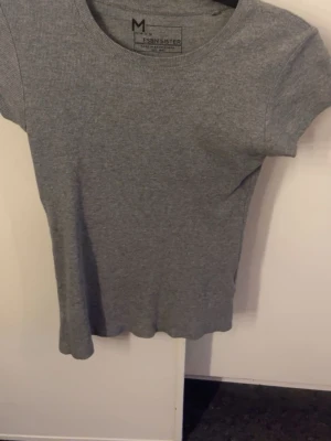 Grå ribbad t-shirt från FSBN Sister - Säljer en enkel och stilren grå t-shirt från FSBN Sister. T-shirten har ribbad struktur, rund halsringning och korta ärmar. Perfekt basplagg som funkar till det mesta och är tillverkad i ett mjukt och stretchigt material.