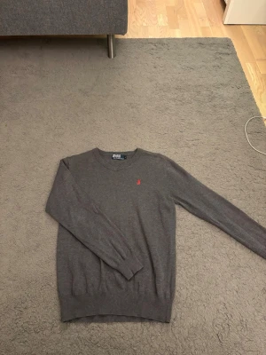 Grå stickad tröja Polo Ralph Lauren - Snygg grå stickad tröja från Polo Ralph Lauren med rund halsringning och röd broderad logga på bröstet. Tröjan har långa ärmar och ribbade muddar vid ärmslut och nederkant. Perfekt till lager på lager och enkel att matcha.