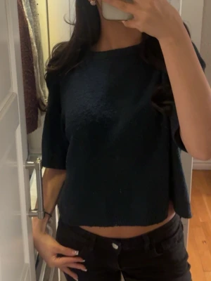 Svart croppad topp med kort ärm - En svart croppad topp med korta ärmar och boxig passform. Toppen har en enkel, stilren design och är perfekt att matcha med höga byxor eller kjol. Materialet känns mjukt och lätt, vilket gör den skön att bära.