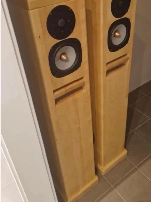 Stora golvhögtalare i ljust trä - Säljer ett par rejäla golvhögtalare i ljust trä med svart frontpanel och silverfärgade element. Högtalarna har en klassisk, rektangulär form och tydliga basreflexportar. Perfekta för dig som vill ha kraftfullt ljud till hemmabion eller musikanläggningen.