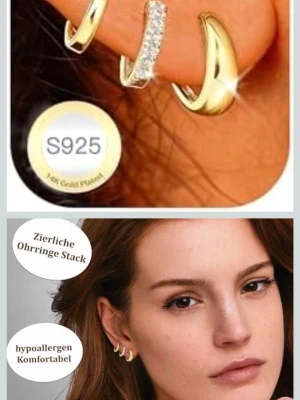 3-pack guldpläterade huggie hoops - Säljer ett 3-pack huggie hoops i 18K guldpläterat 925 silver. Två par är släta och ett par är dekorerade med gnistrande stenar. Alla är små, runda och passar perfekt att stapla. Hypoallergena och bekväma att bära.