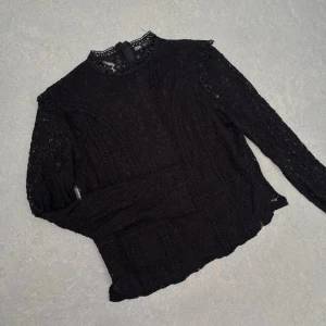 Svart spetsblus - Snygg svart spetsblus från Zara i storlek XS med hög hals och långa ärmar. Blusen har fina spetsdetaljer och transparenta partier som ger en elegant look!❤️