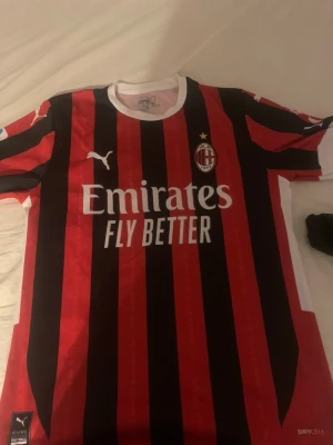 AC Milan matchtröja Puma röd/svart - Säljer en AC Milan matchtröja från Puma i rött och svart med vita detaljer. Tröjan har klassiska vertikala ränder, klubbmärke på bröstet och sponsortryck 'Emirates Fly Better' framtill. Tillverkad i lätt och ventilerande material, perfekt för fotboll eller träning.