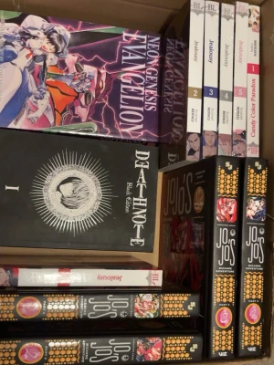 Manga samling: JoJo, Evangelion, Death Note - Säljer en samling manga med titlar som JoJo's Bizarre Adventure, Neon Genesis Evangelion, Death Note Black Edition, Jealousy och Candy Color Paradox. Böckerna har färgstarka omslag och är på engelska och japanska. Perfekt för dig som älskar anime och manga!