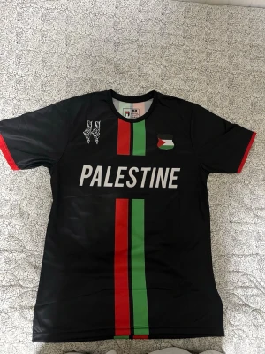 Svart Palestine t-shirt med tryck - Svart t-shirt med texten 'PALESTINE' och flaggdetaljer i rött, grönt och vitt. Tryck på både fram- och baksida samt ränder i mitten. Röd och grön detalj på ärmslut. Perfekt för dig som vill visa stöd.