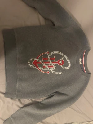 Grå sweatshirt med ankare från tommy hilfiger  - Säljer en grå sweatshirt från tommy hilfiger med ett stort ankare och repmotiv i vitt och rött på bröstet. Tröjan har rund halsringning, ribbade muddar och är tillverkad i mjukt sweatshirtmaterial. Perfekt för en avslappnad och stilren look. 